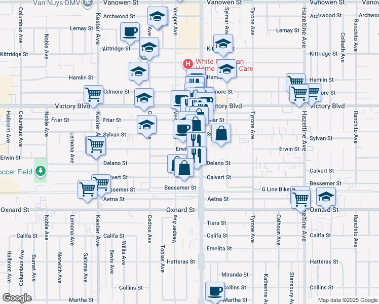 map of restaurants, bars, coffee shops, grocery stores, and more near 6231 Van Nuys Boulevard in Los Angeles