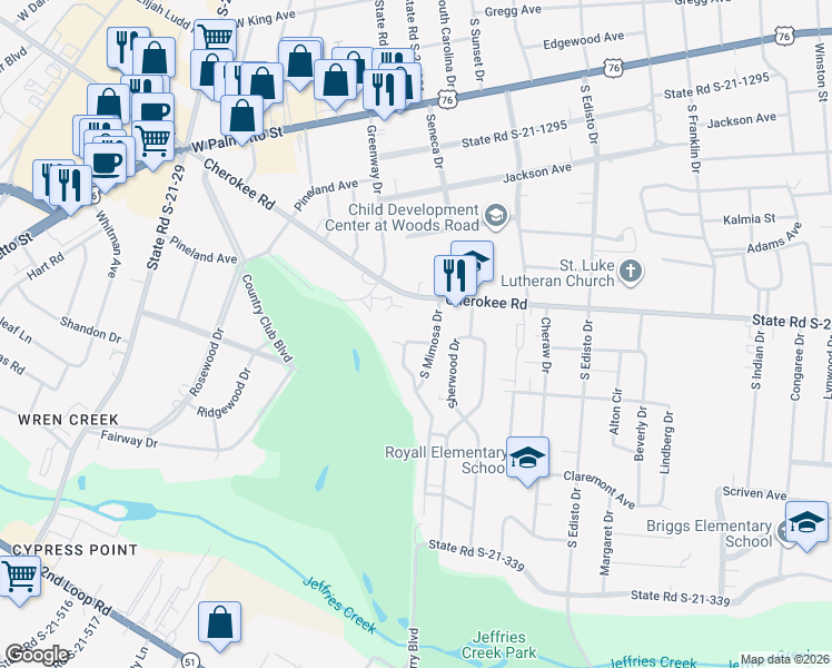 map of restaurants, bars, coffee shops, grocery stores, and more near 1507 Tanglewood Circle in Florence