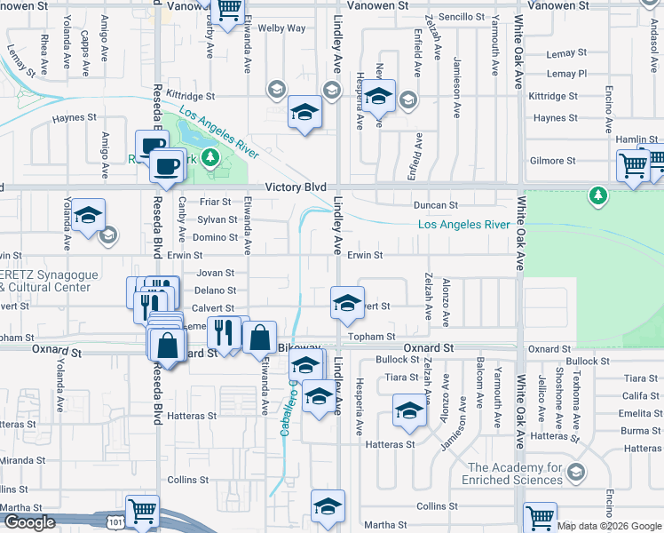 map of restaurants, bars, coffee shops, grocery stores, and more near 6268 Lindley Avenue in Los Angeles