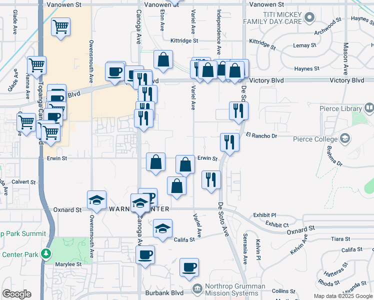 map of restaurants, bars, coffee shops, grocery stores, and more near 6203 Variel Avenue in Los Angeles