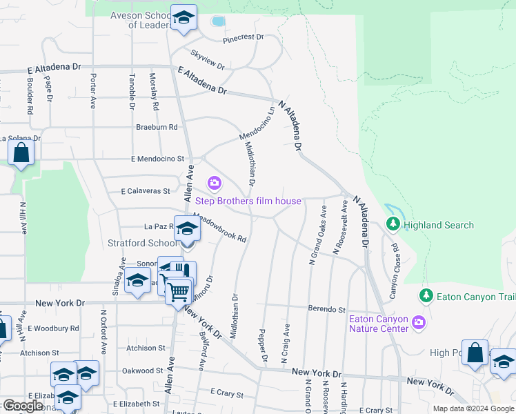 map of restaurants, bars, coffee shops, grocery stores, and more near 2210 Midlothian Drive in Altadena