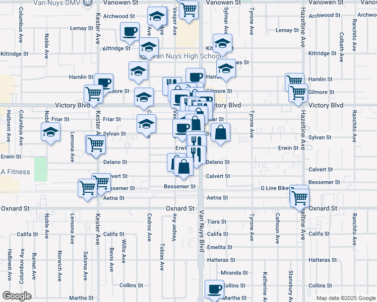 map of restaurants, bars, coffee shops, grocery stores, and more near 14526 Erwin Street in Los Angeles