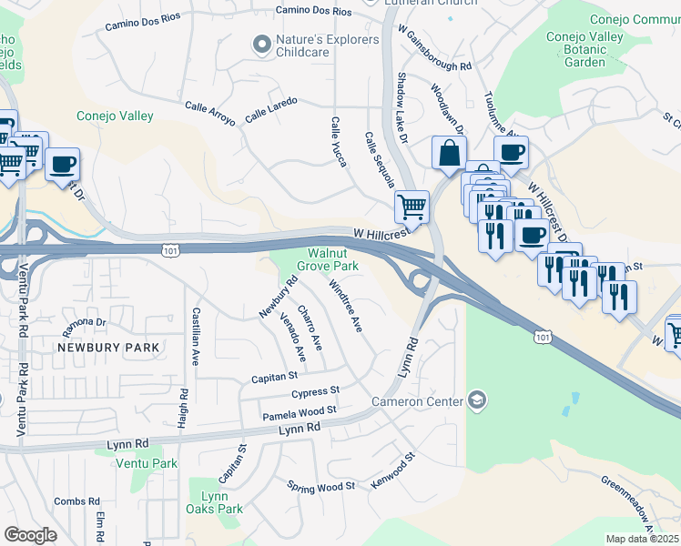 map of restaurants, bars, coffee shops, grocery stores, and more near 711 Oak Shadow View Place in Thousand Oaks