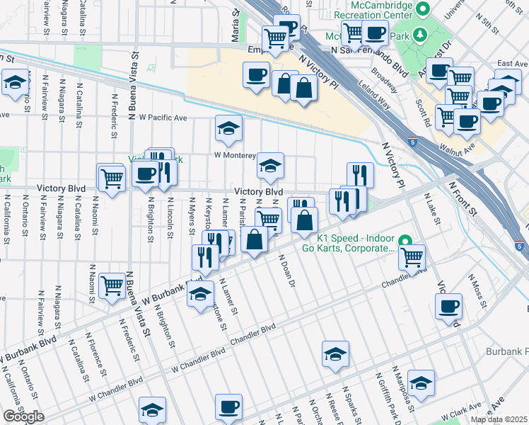 map of restaurants, bars, coffee shops, grocery stores, and more near 1120 North Orchard Drive in Burbank