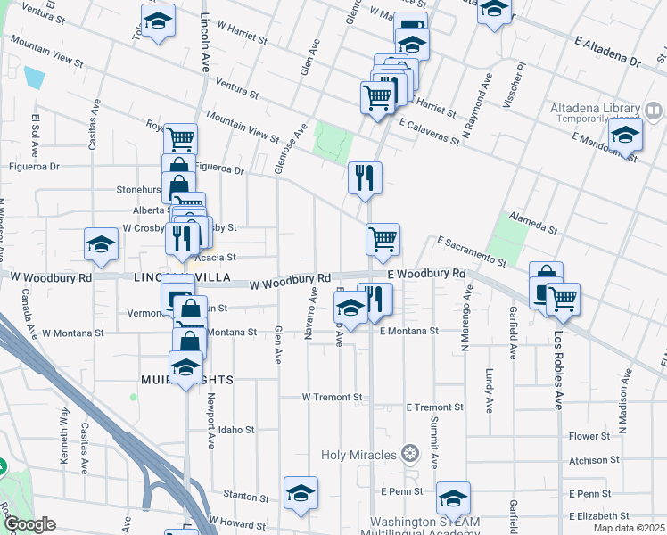 map of restaurants, bars, coffee shops, grocery stores, and more near 2191 El Sereno Avenue in Altadena