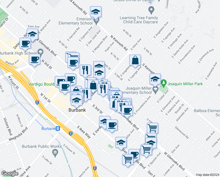 map of restaurants, bars, coffee shops, grocery stores, and more near 218 South Fifth Street in Burbank
