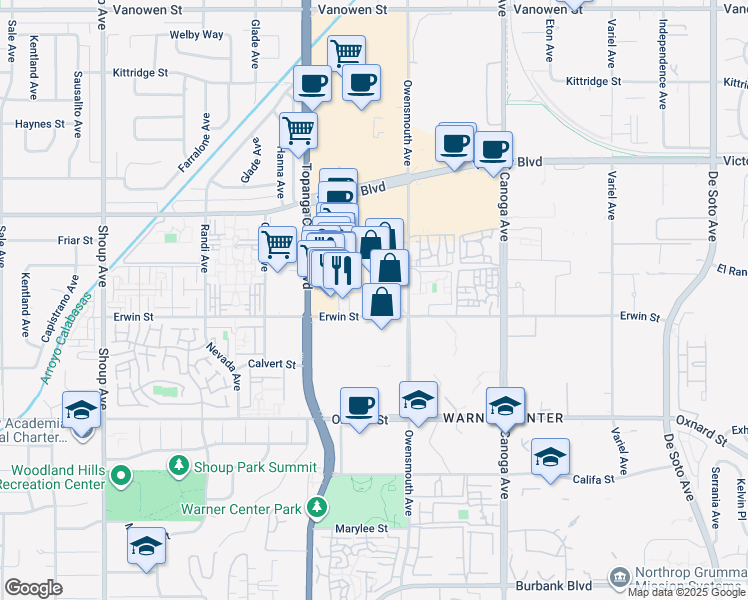 map of restaurants, bars, coffee shops, grocery stores, and more near 21747 Erwin Street in Los Angeles