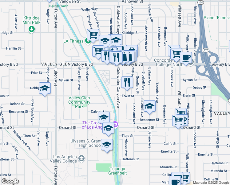 map of restaurants, bars, coffee shops, grocery stores, and more near 6207 Coldwater Canyon Avenue in Los Angeles