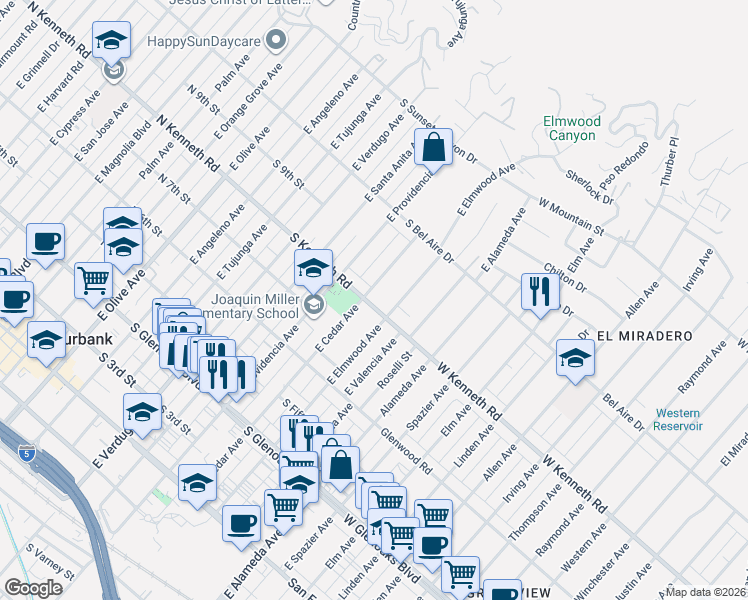 map of restaurants, bars, coffee shops, grocery stores, and more near 706 South Kenneth Road in Burbank