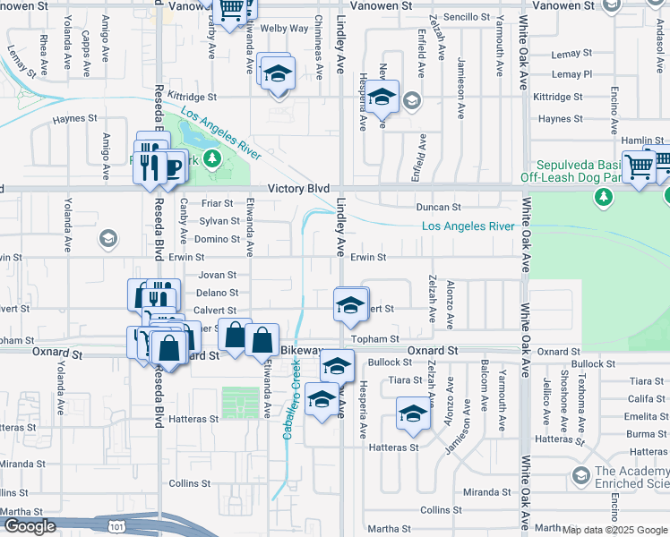map of restaurants, bars, coffee shops, grocery stores, and more near 6257 Lindley Avenue in Los Angeles