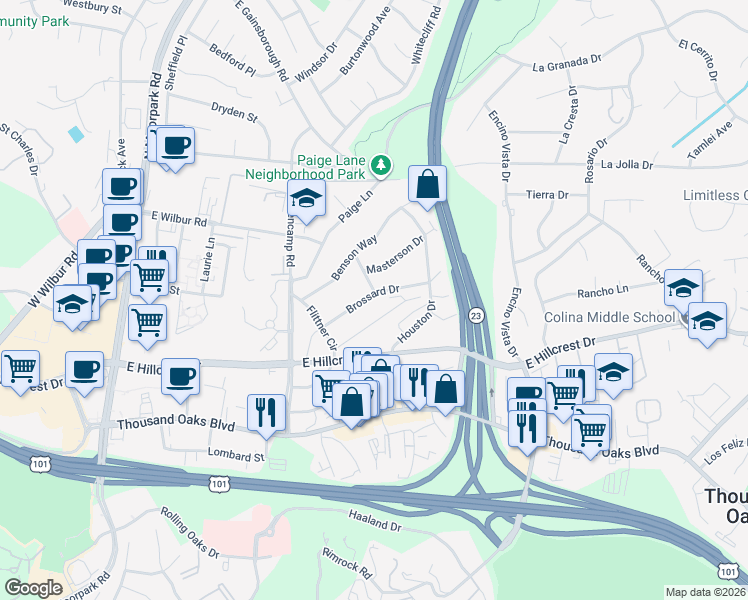 map of restaurants, bars, coffee shops, grocery stores, and more near 720 Brossard Drive in Thousand Oaks