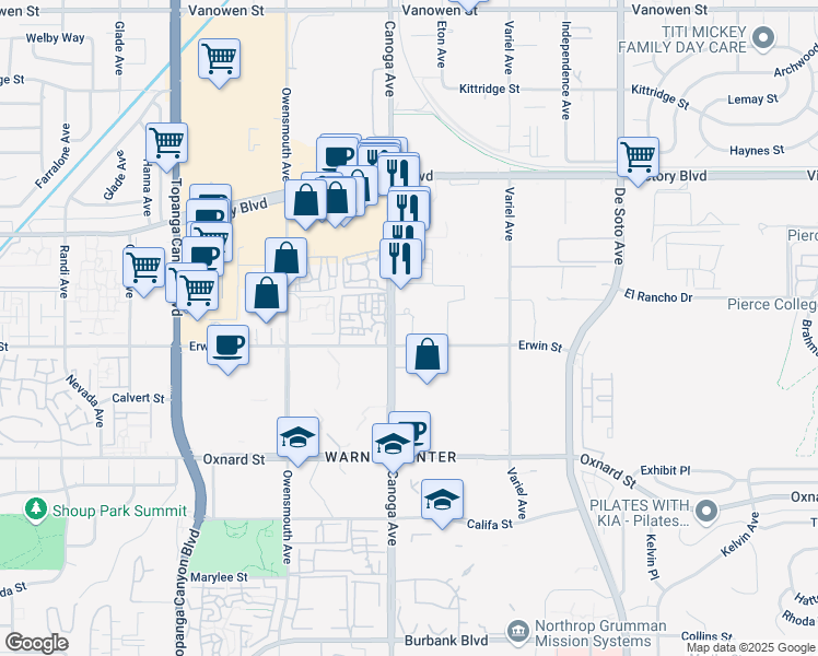 map of restaurants, bars, coffee shops, grocery stores, and more near 6200 Canoga Avenue in Los Angeles