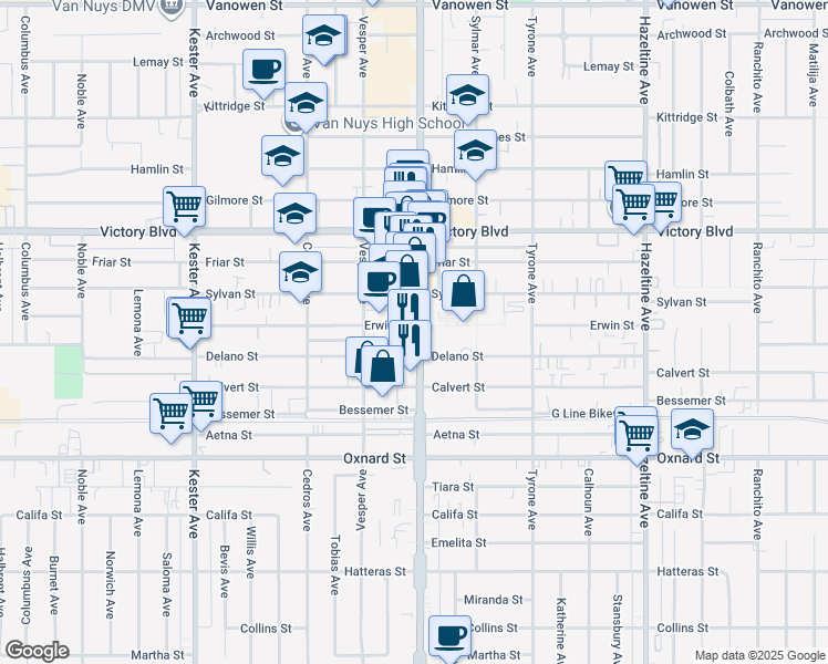 map of restaurants, bars, coffee shops, grocery stores, and more near 6235 Van Nuys Boulevard in Los Angeles