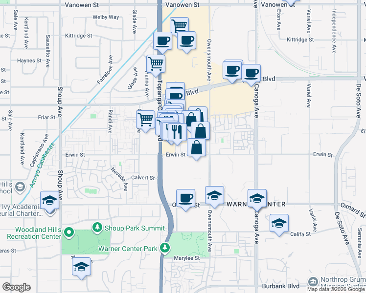 map of restaurants, bars, coffee shops, grocery stores, and more near 21747 Erwin Street in Los Angeles