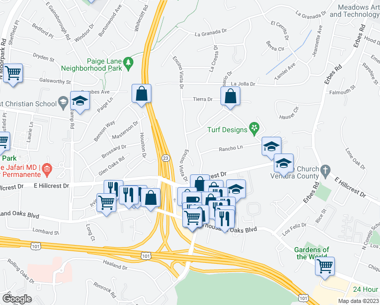 map of restaurants, bars, coffee shops, grocery stores, and more near 1209 Encino Vista Court in Thousand Oaks