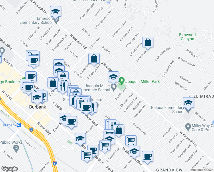 map of restaurants, bars, coffee shops, grocery stores, and more near 501 South 7th Street in Burbank