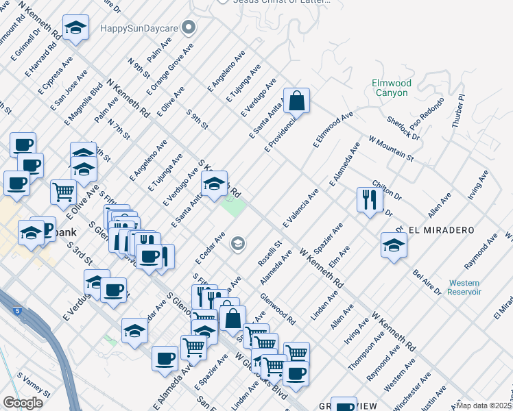 map of restaurants, bars, coffee shops, grocery stores, and more near 706 South Kenneth Road in Burbank