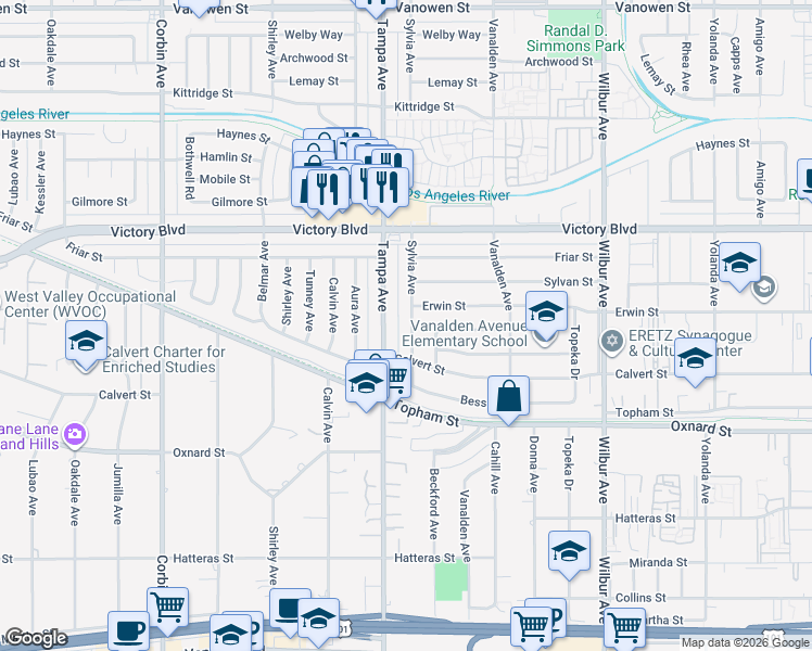 map of restaurants, bars, coffee shops, grocery stores, and more near 6215 Sylvia Avenue in Los Angeles