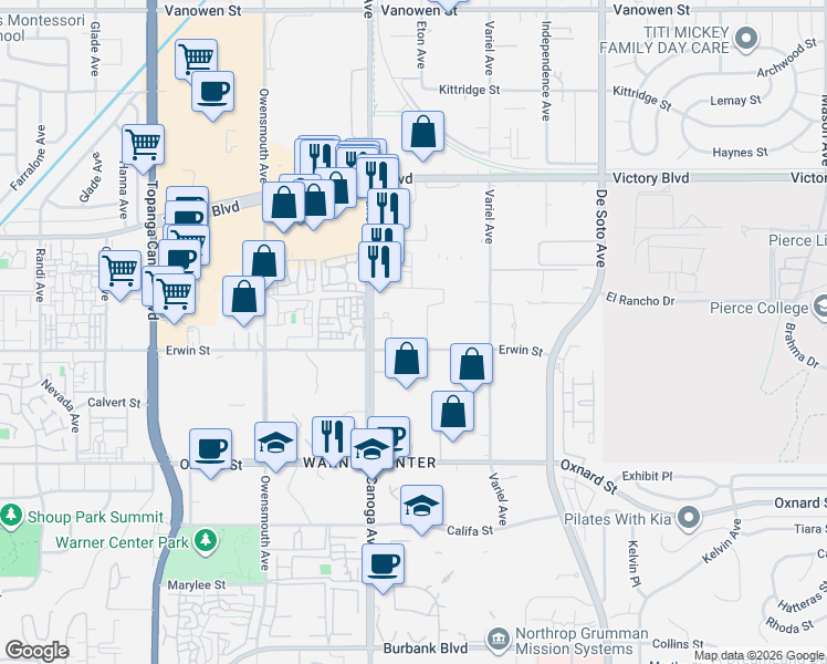 map of restaurants, bars, coffee shops, grocery stores, and more near 21301 Erwin Street in Los Angeles