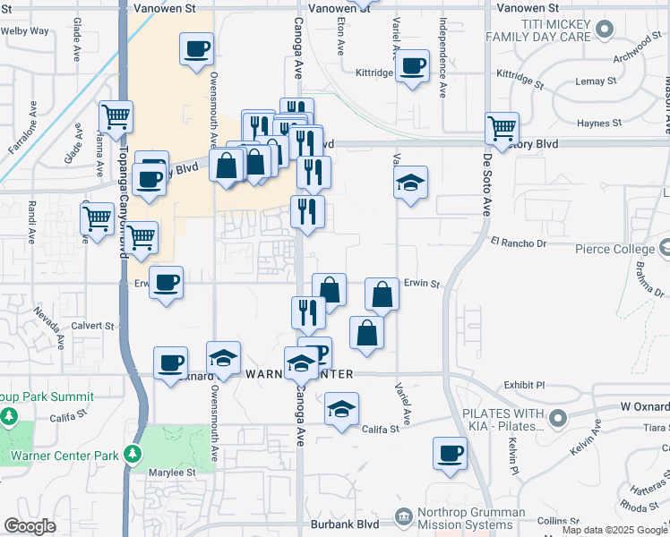map of restaurants, bars, coffee shops, grocery stores, and more near 21301 Erwin Street in Los Angeles