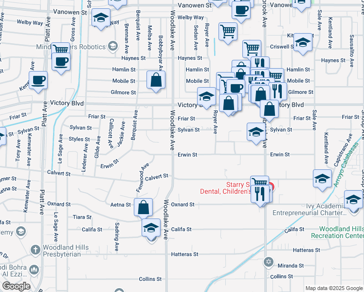 map of restaurants, bars, coffee shops, grocery stores, and more near 23129 Erwin Street in Los Angeles