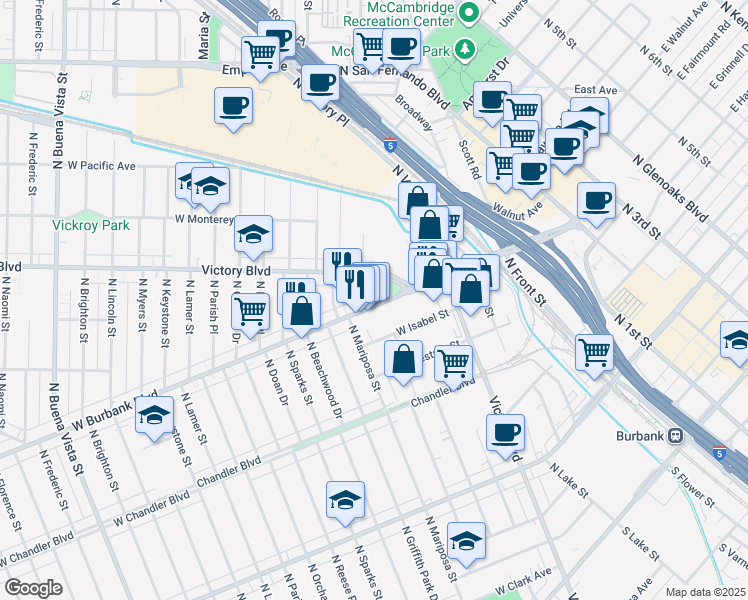 map of restaurants, bars, coffee shops, grocery stores, and more near 1117 West Burbank Boulevard in Burbank