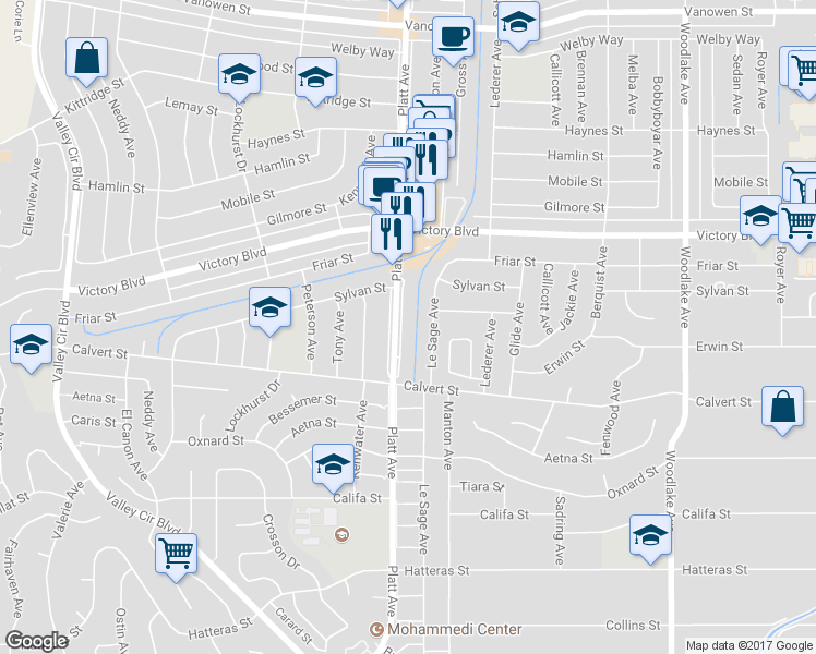 map of restaurants, bars, coffee shops, grocery stores, and more near 6206 Platt Avenue in Los Angeles