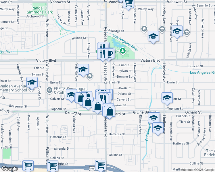 map of restaurants, bars, coffee shops, grocery stores, and more near 6230 Reseda Boulevard in Los Angeles