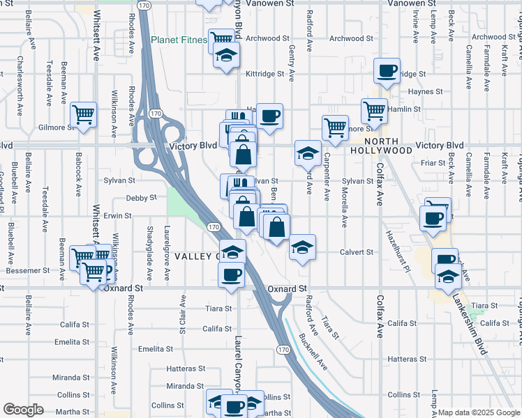 map of restaurants, bars, coffee shops, grocery stores, and more near 6214 Agnes Avenue in Los Angeles