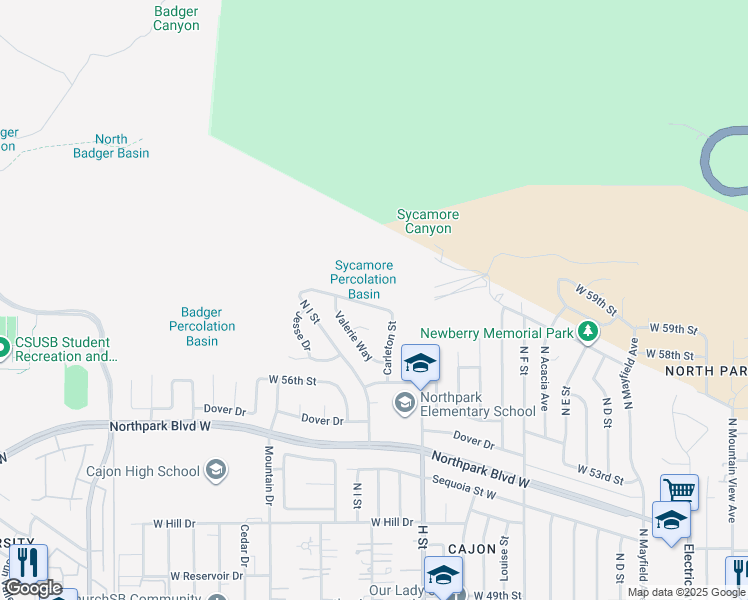 map of restaurants, bars, coffee shops, grocery stores, and more near 906 West 59th Street in San Bernardino