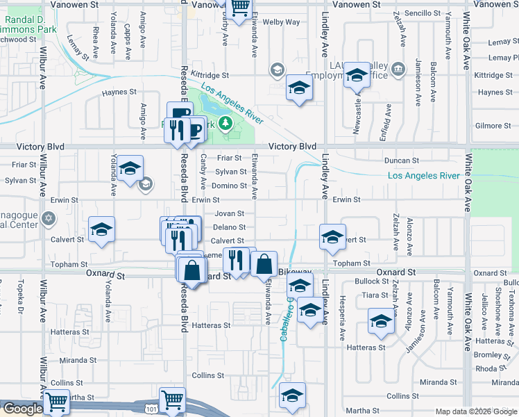 map of restaurants, bars, coffee shops, grocery stores, and more near 6254 Etiwanda Avenue in Los Angeles