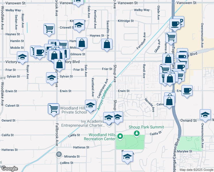 map of restaurants, bars, coffee shops, grocery stores, and more near 6218 Capistrano Avenue in Los Angeles
