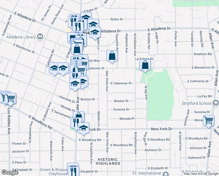 map of restaurants, bars, coffee shops, grocery stores, and more near 2186 Mar Vista Avenue in Altadena