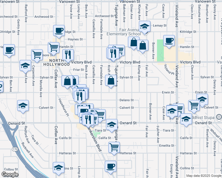 map of restaurants, bars, coffee shops, grocery stores, and more near 6212 Kraft Avenue in Los Angeles