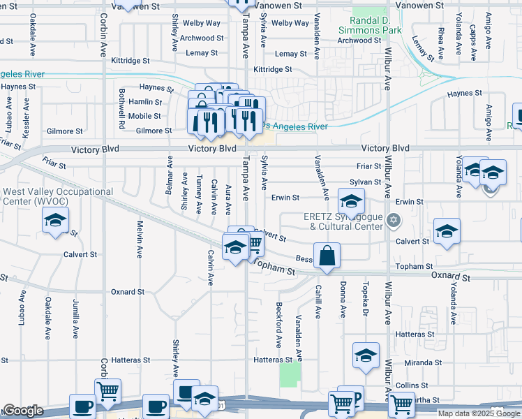 map of restaurants, bars, coffee shops, grocery stores, and more near 6217 Sylvia Avenue in Los Angeles
