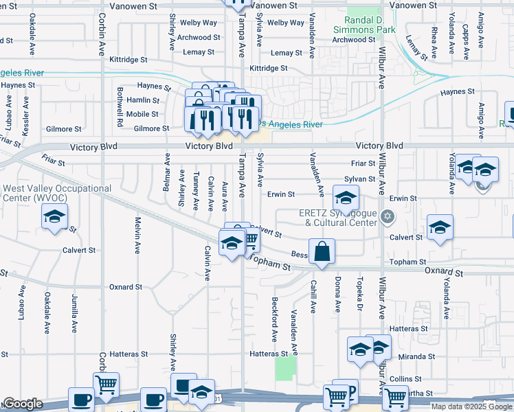 map of restaurants, bars, coffee shops, grocery stores, and more near 6217 Sylvia Avenue in Los Angeles