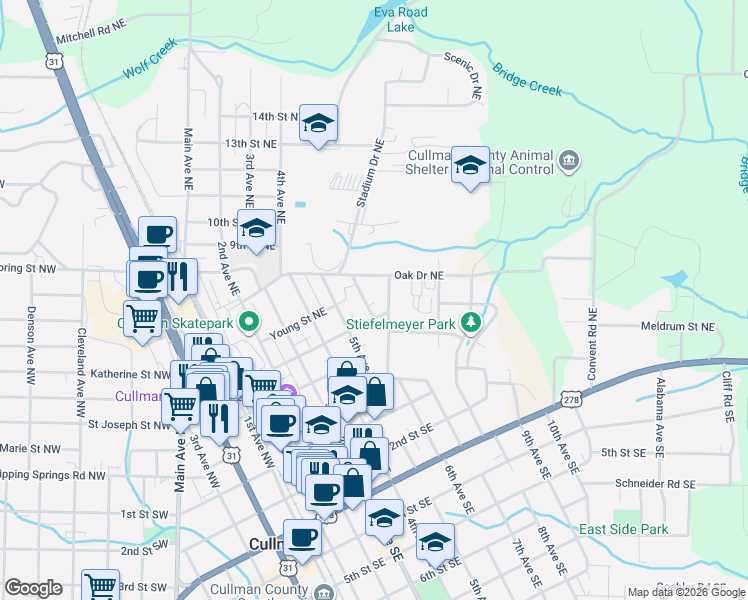 map of restaurants, bars, coffee shops, grocery stores, and more near 406 6th Avenue Southeast in Cullman