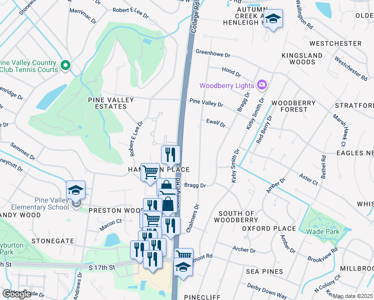 map of restaurants, bars, coffee shops, grocery stores, and more near 3405 South College Road in Wilmington