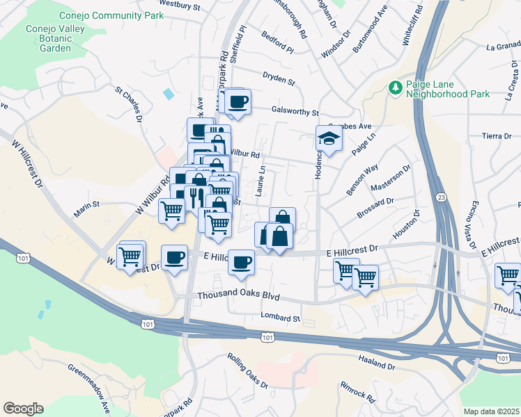 map of restaurants, bars, coffee shops, grocery stores, and more near 220 Brazil Street in Thousand Oaks