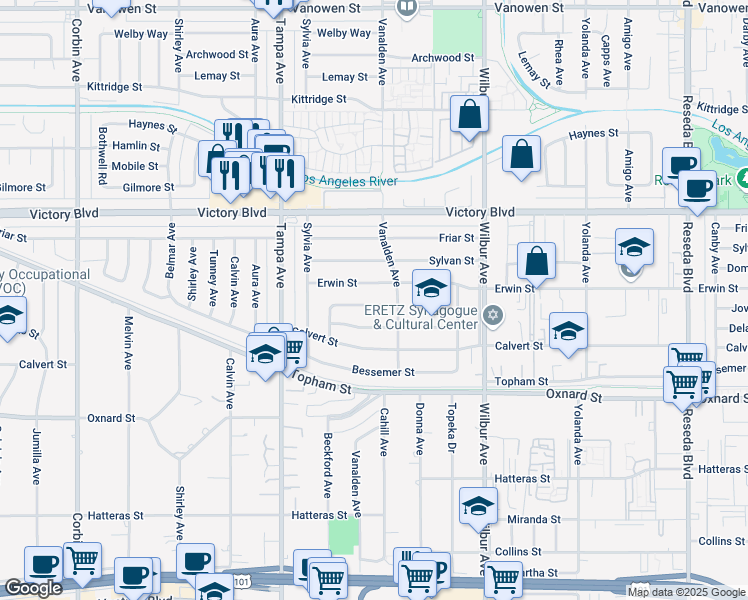 map of restaurants, bars, coffee shops, grocery stores, and more near 19125 Jovan Street in Los Angeles