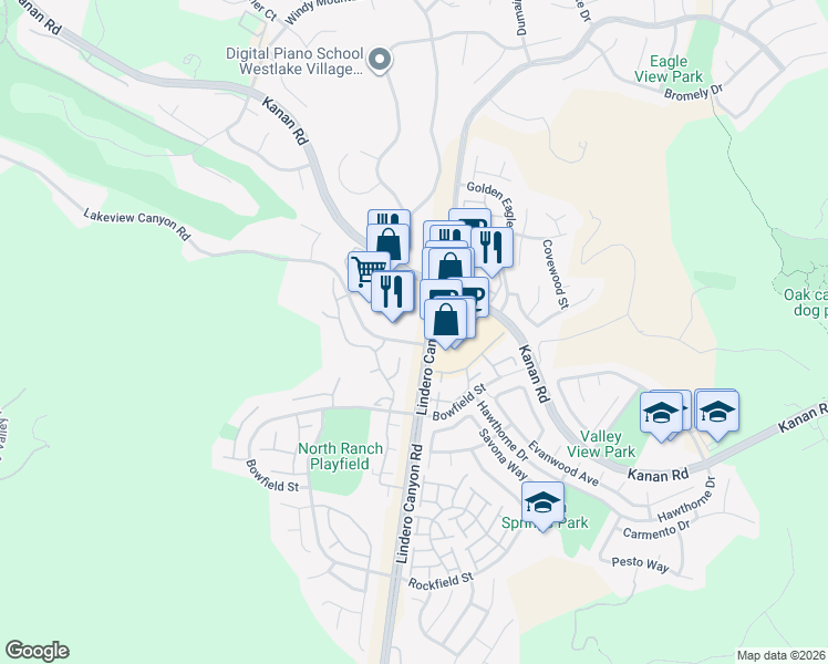 map of restaurants, bars, coffee shops, grocery stores, and more near 1115 Lakeview Canyon Road in Oak Park