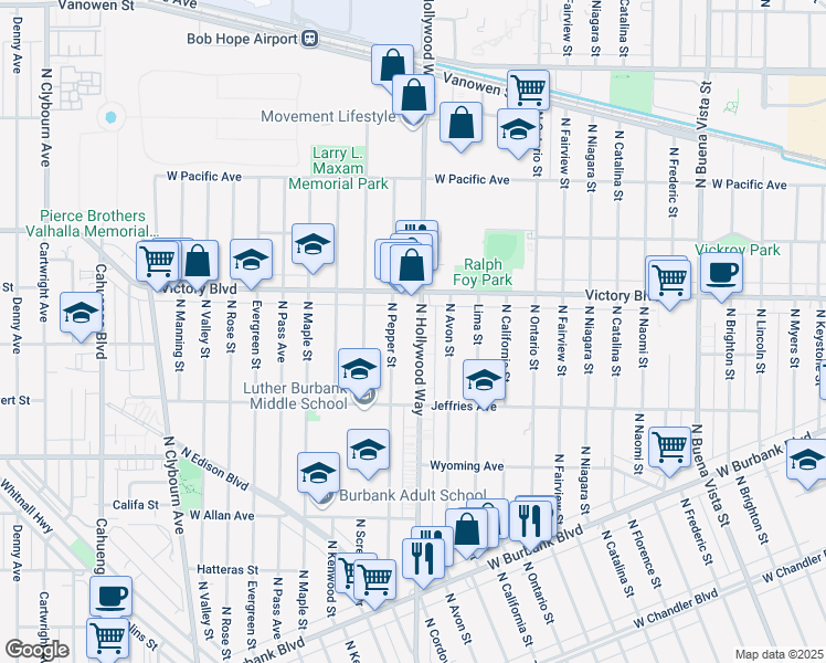 map of restaurants, bars, coffee shops, grocery stores, and more near 1917 North Hollywood Way in Burbank