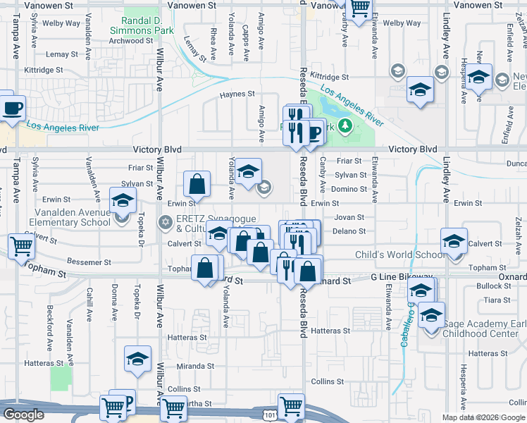 map of restaurants, bars, coffee shops, grocery stores, and more near 6230 Amigo Avenue in Los Angeles