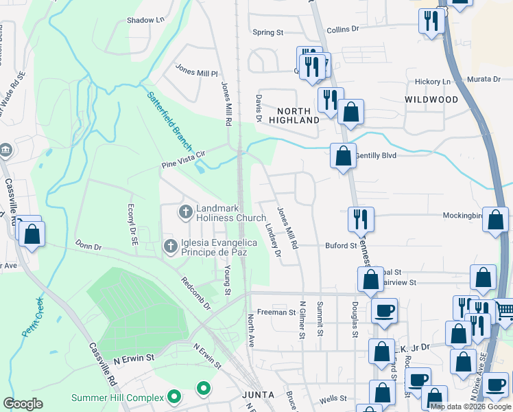 map of restaurants, bars, coffee shops, grocery stores, and more near 116 Lindsey Drive in Cartersville