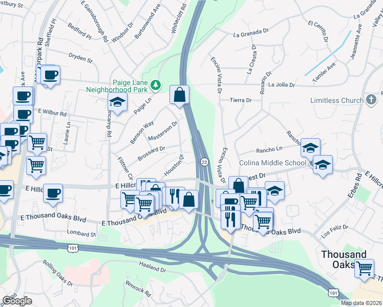 map of restaurants, bars, coffee shops, grocery stores, and more near 342 Houston Drive in Thousand Oaks