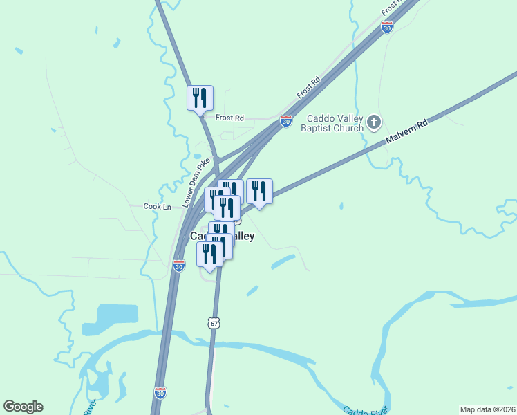 map of restaurants, bars, coffee shops, grocery stores, and more near 115 Malvern Rd in Caddo Valley