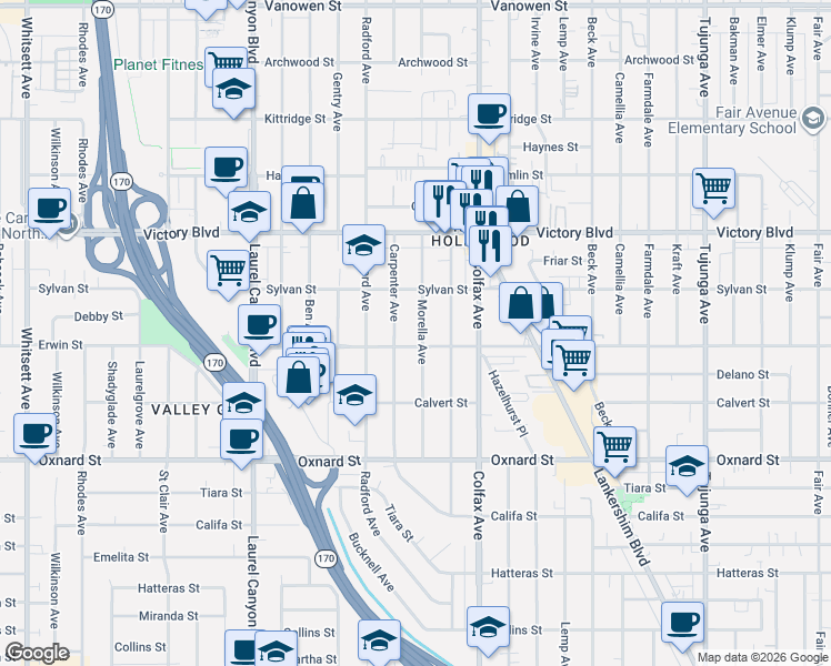 map of restaurants, bars, coffee shops, grocery stores, and more near 6213 Morella Avenue in Los Angeles