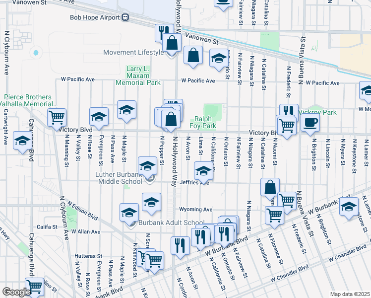 map of restaurants, bars, coffee shops, grocery stores, and more near 1817 North Avon Street in Burbank