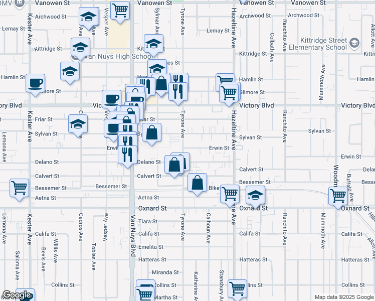 map of restaurants, bars, coffee shops, grocery stores, and more near 14254 Erwin Street in Los Angeles