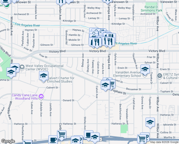 map of restaurants, bars, coffee shops, grocery stores, and more near 6220 Shirley Avenue in Los Angeles